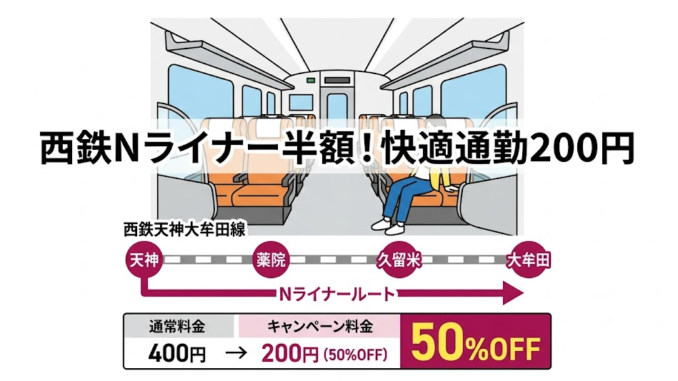 西鉄Nライナー半額！快適通勤が200円に！