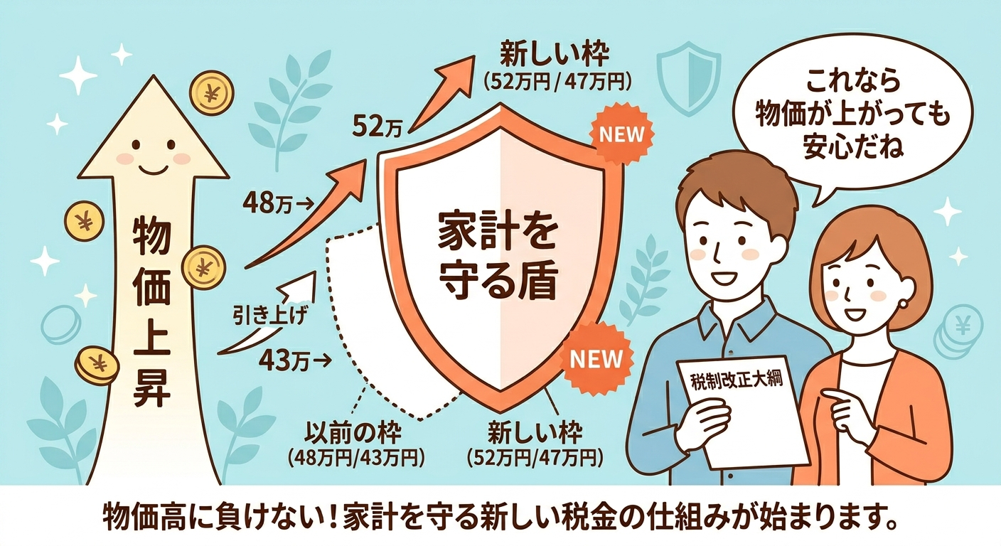 基礎控除の引き上げと物価連動制の仕組みを理解して安心する夫婦のイラスト