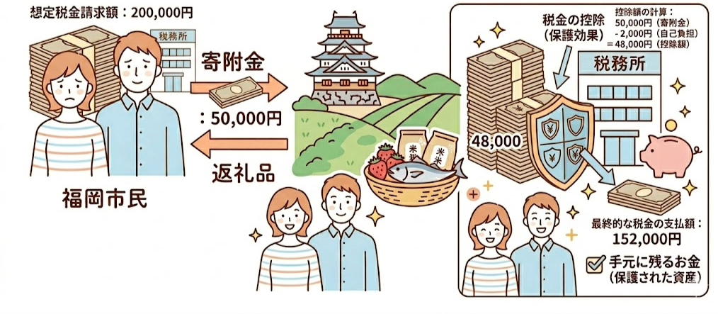 ふるさと納税の全体像（寄付、返礼品、税金控除）を俯瞰したイラスト