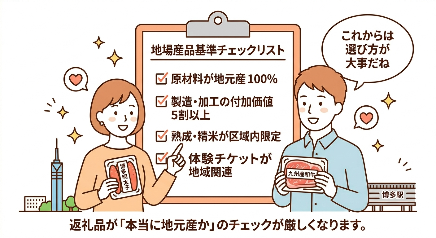 「地場産品基準」の新しいチェックリストを確認しながら返礼品を選ぶ夫婦